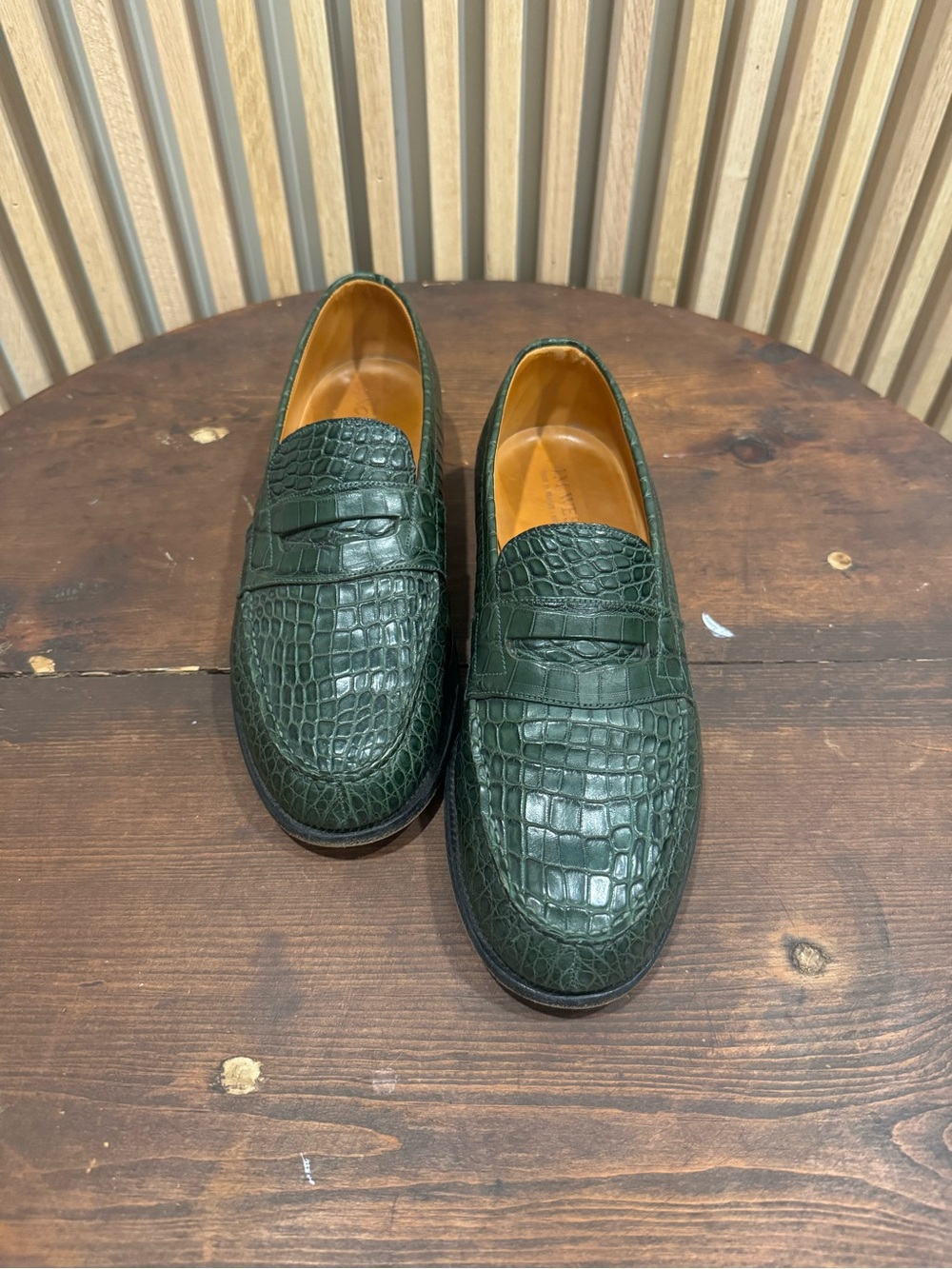JM Weston 180  Dark Green Croc-Embossed Leather Penny Loafers